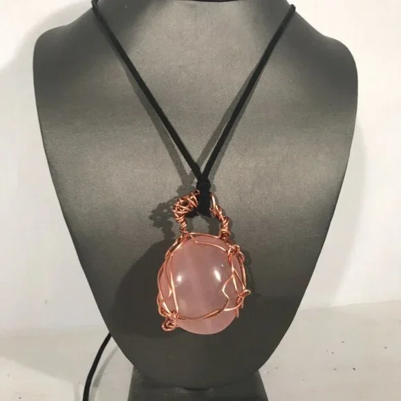 Rose Quartz Gemstone Solid Copper Pendant Unisex Genuine Leather Necklace Reiki